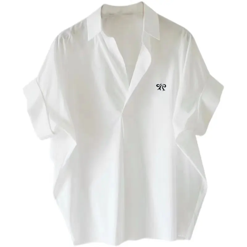4 Colors  S-3XL cotton blend solid color  Korean Style Loose V-neck Batwing Sleeve White Shirt for Women