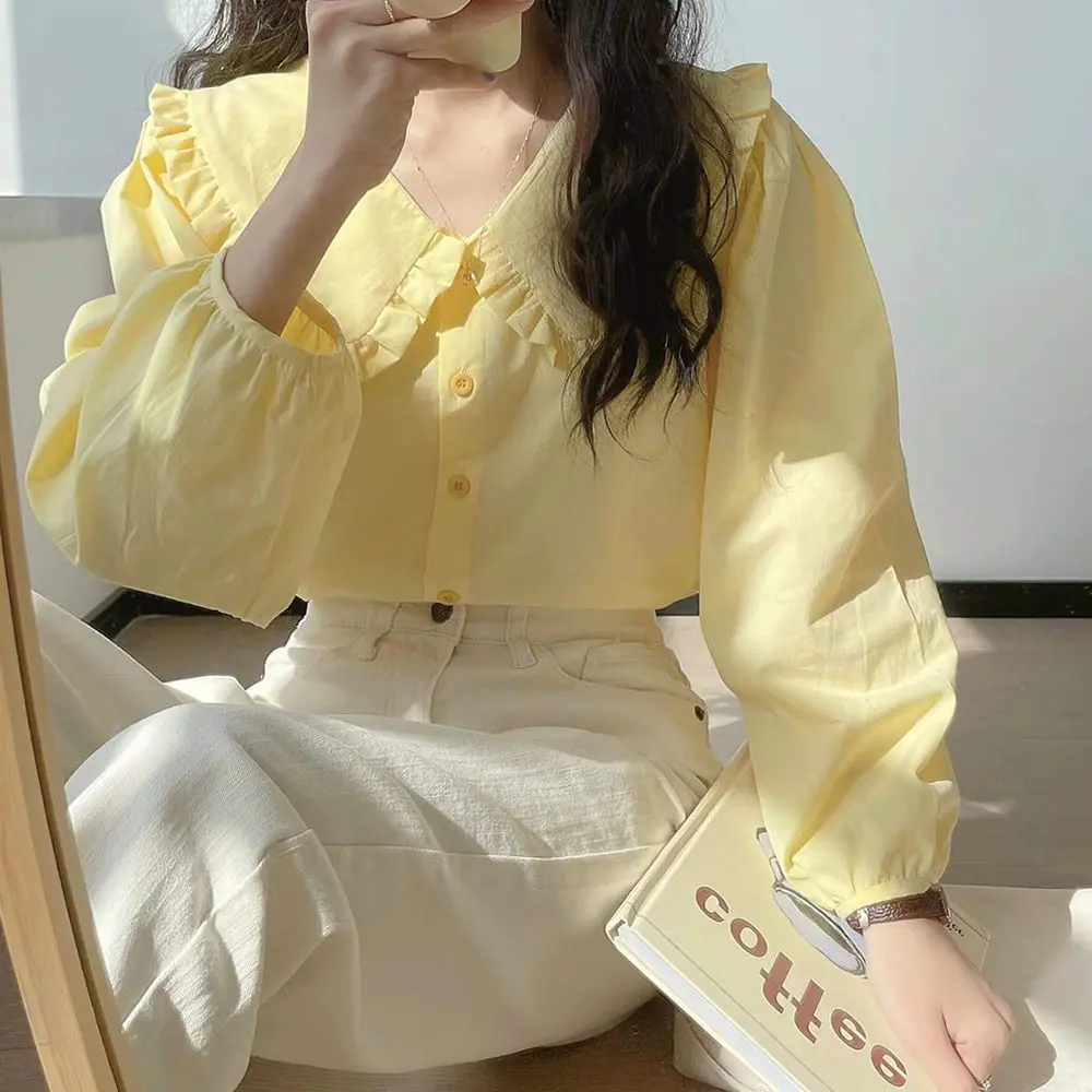 Áo Sơ Mi Dài Tay, Màu Vàng Sữa, Dành Cho Phụ Nữ, Phong Cách Pháp Sang Trọng Mùa Xuân, Cổ Điển, Áo Cổ Peter Pan Thiết Kế Đẹp, Áo Sơ Mi Ngọt Ngào Sữa Độc Đáo