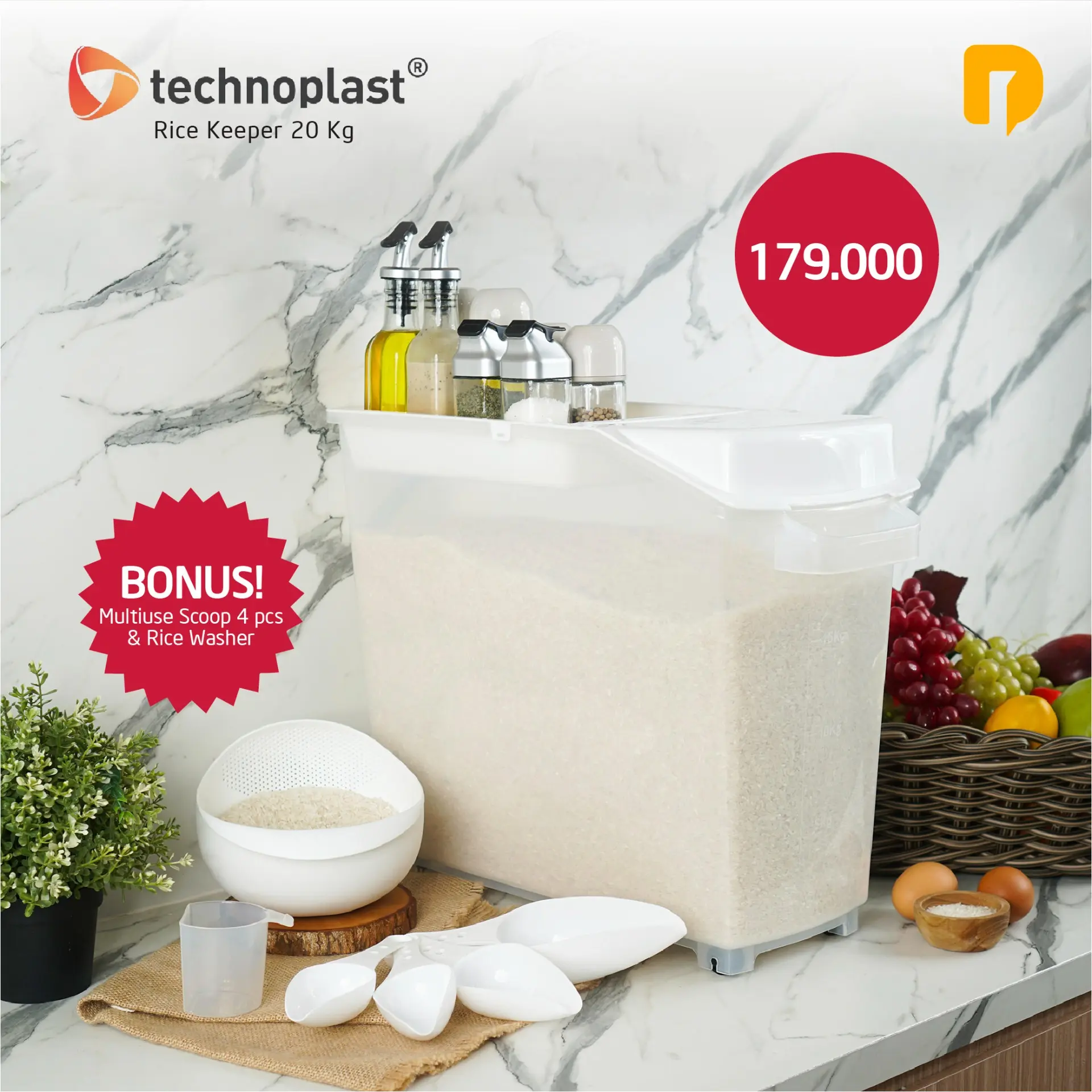 Technoplast Rice Keeper 20 Kg Free Item Multiuse Scoop 4 Pcs N Rice Washer White tempat beras
