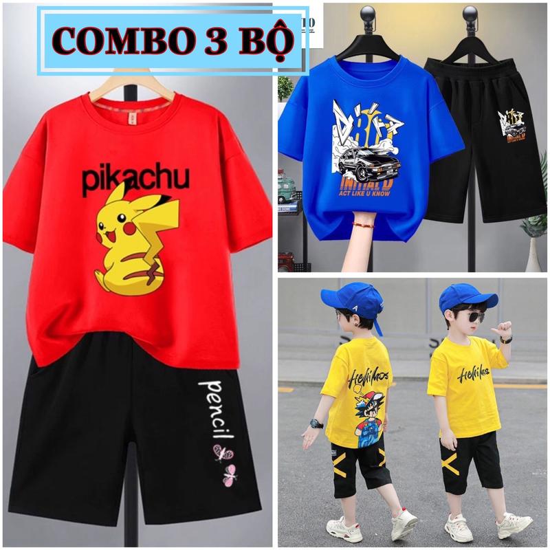 Combo 3 Bộ quần áo bé trai mùa hè size đại từ 17 đến 40kg, chất thun co giãn, mềm mát, phong cách Hàn Quốc cho bé trai từ 5 đến 14 tuổi, dáng thể thao quần đùi áo cộc tay. đồ