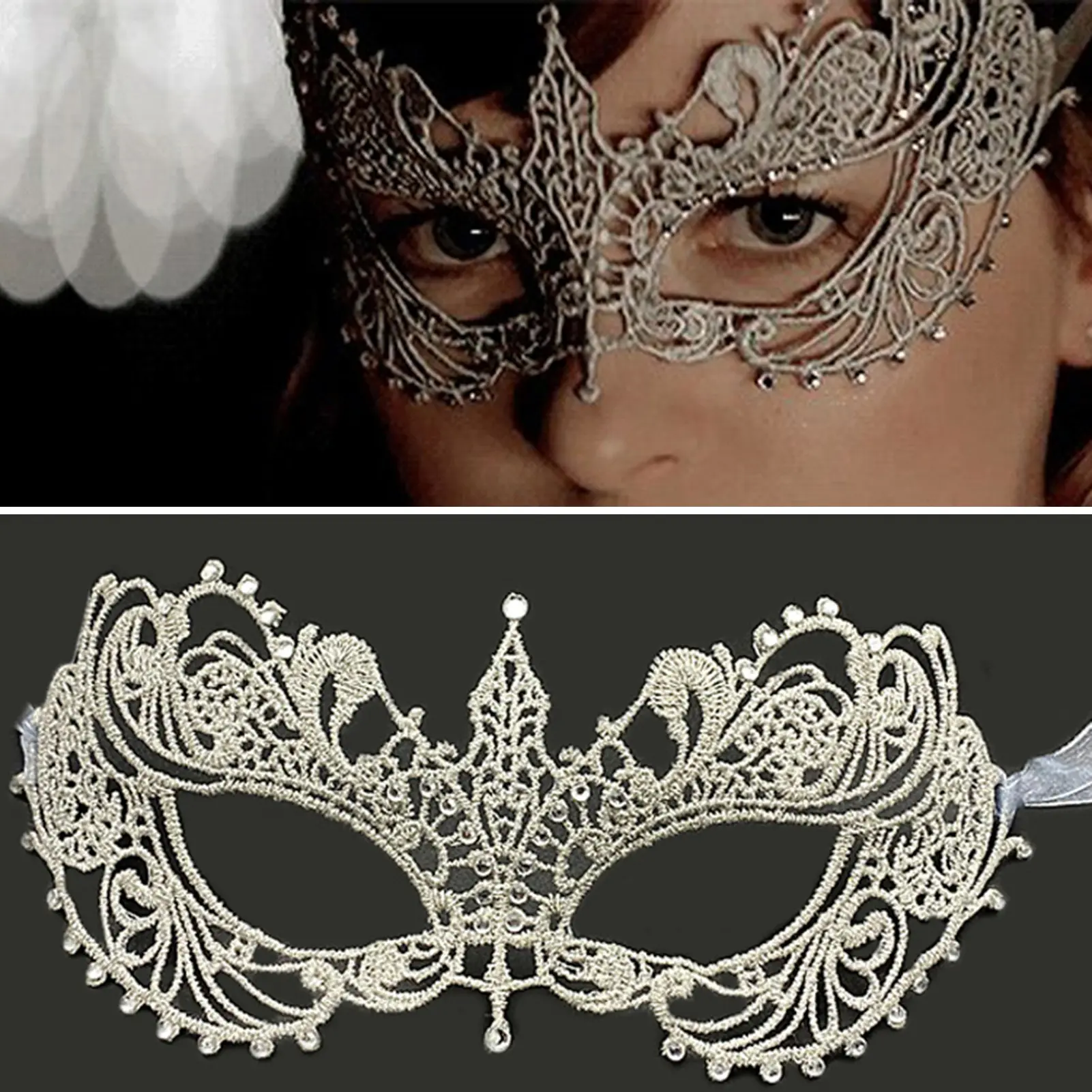 Halloween Eye Cover Exquisite Lace Half-Face Masque with Rhinestone Decoration for Party Cosplay Stage Accessory
