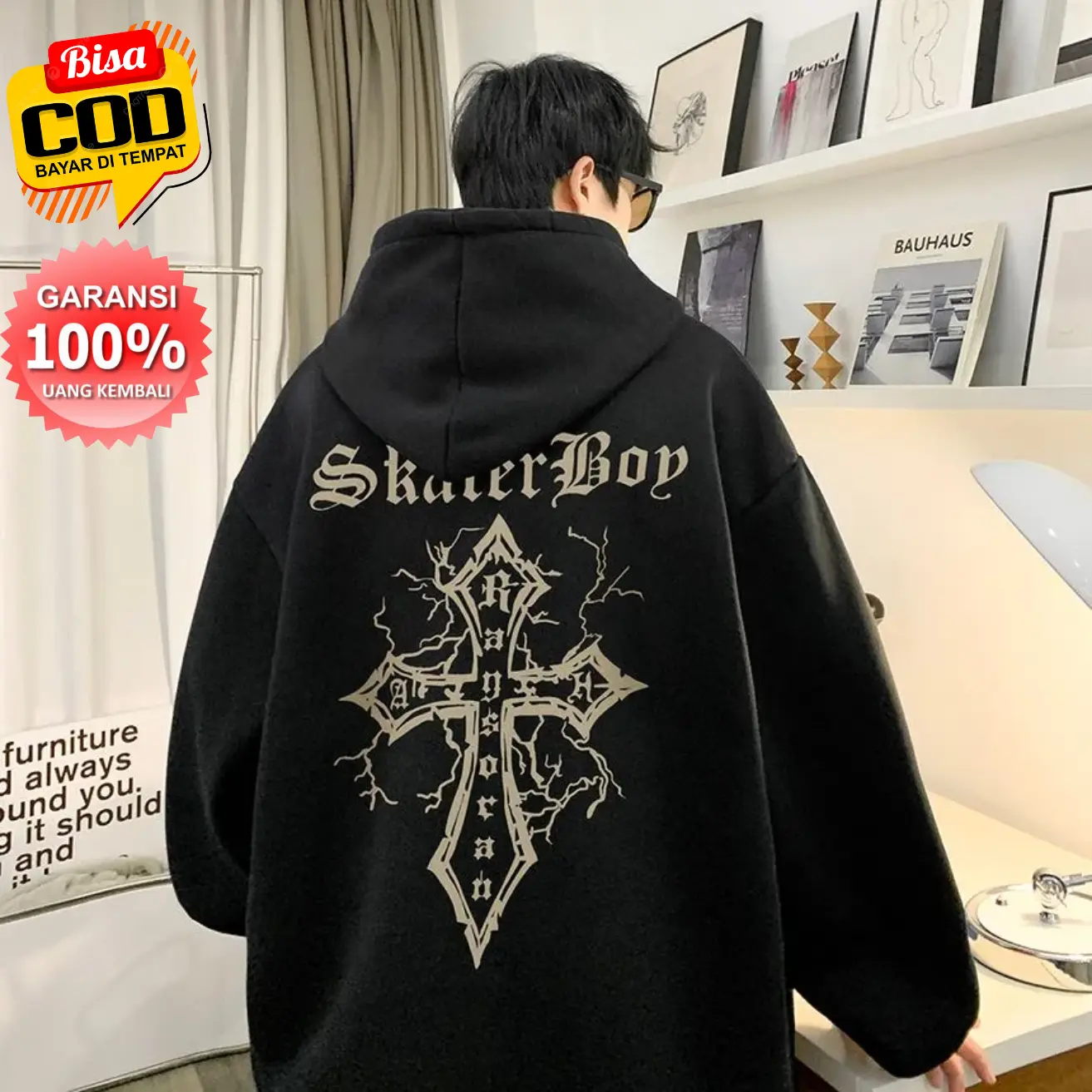 YuQi - PROMO COD Hoodie SKATER BOY Jaket Fleece Korean Style Pria Wanita UP to 5XL Men's Fashion American style Street Style Cross Printing Apricot Hoodie Man Women Couple Unisex Casual Loose Long Sleeve Hooded Sweatshirt