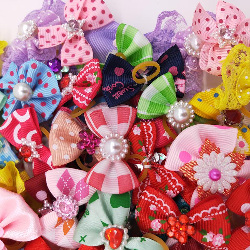 Product Introduction of 50/100 pcs New Pet Pet Dog Cat Hair Bows Rubber Bands Rubber Bands Diamond Dog Accessories Small Dog Pet Supplies Cute 9