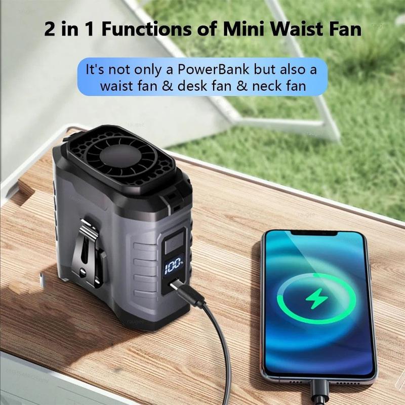 Product Introduction of Portable 4000/8000mAh Waist Clip Fan Wearable Strong Wind Hanging Neck Fan Emergency Mobile Power USB Rechargeable Mini Electric Fan Construction Site 15