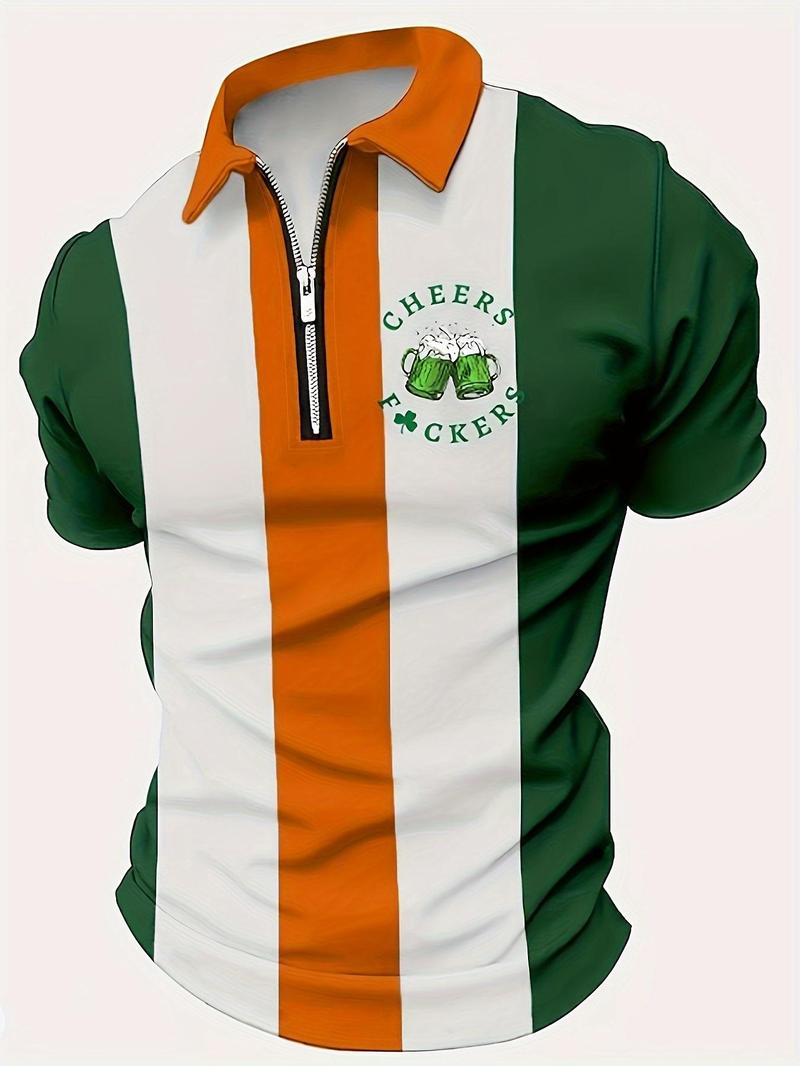 Product Introduction of Men's Colorblock Striped Print Polo Shirt, Regular Fit Casual Short Sleeve Collared Top for Summer, Fashion Men's Clothes for Daily Wear 1