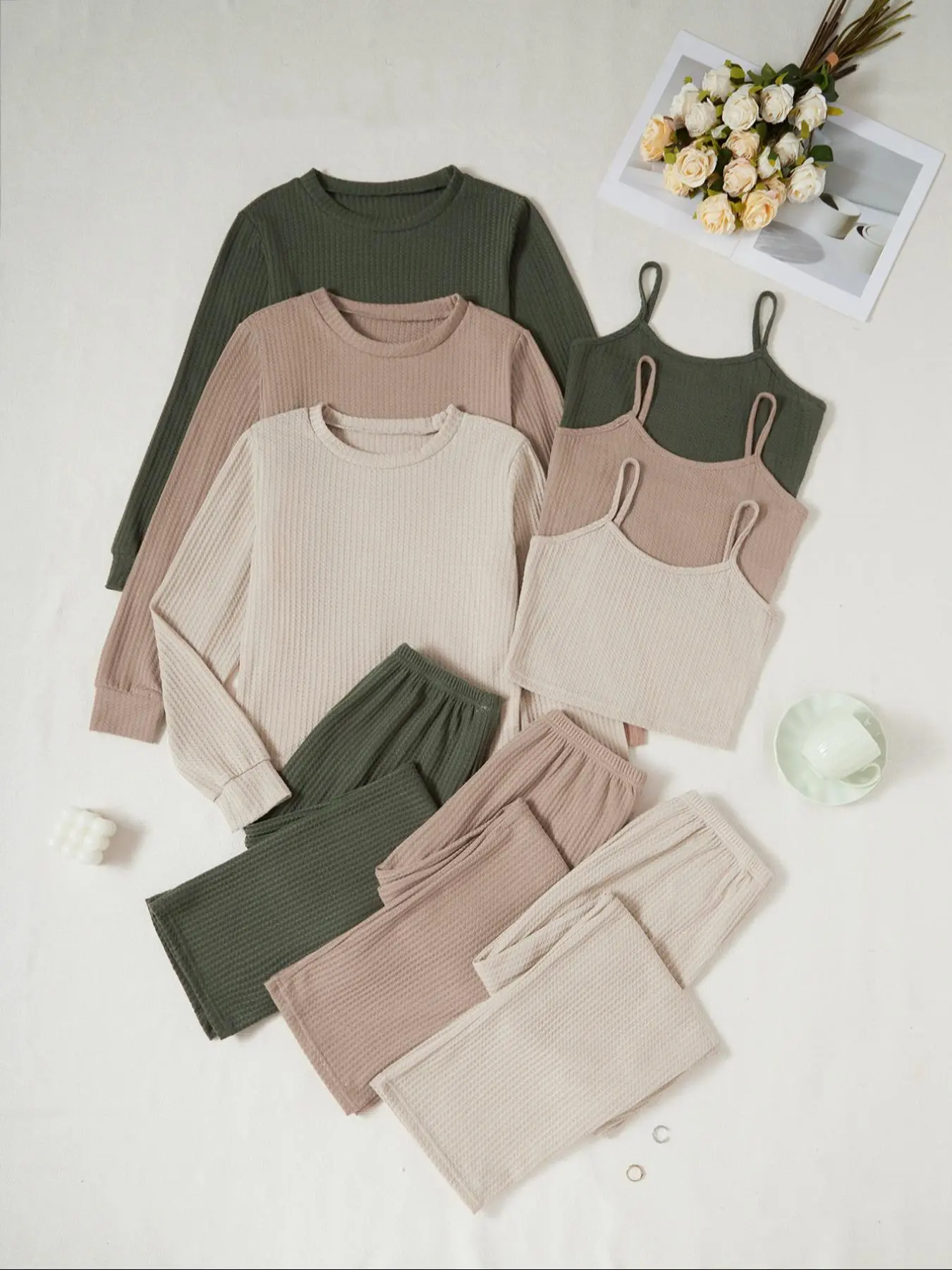 Women's Solid Waffle Jacquard Crop Cami Top & Long Sleeve Round Neck Top & Elastic Waist Pants Pyjama Set, Casual Comfy Loungewear Set for Women, Pyjamas for Women, Women's Sleepwear for Fall & Winter
