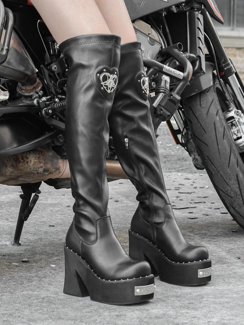 Product Introduction of Women's Fashionable Heart Decor Buckle Increase Elasticity Boots, 2024 New Style Elegant Over-the-knee Boots for Daily Wear, Trendy All-match Boots for Women & Girls Valentine's Day, Gift for Her 1