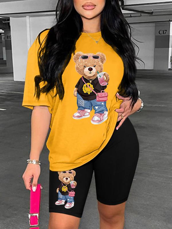 Cartoon Bear Graphic Print Short Sleeve T-shirt & Elastic Waist Shorts Set, Y2k Outfits Streetwear Casual Round Neck Tee & Skinny Shorts for Summer, Summer Outfits 2024, 2 Piece Sets, Co Ords for Women, Two Piece Set Women, Outfits To Hide Tummy Uk 3