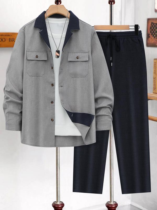 Men's Solid Button Front Longsleeves Shirt & Drawstring Waist Pants Set, Regular Fit Long Sleeve Lapel Neckline Top & Pocket Trousers, Casual Fashion Cozy Breathable Men Two-piece Outfits for Fall & Winter 4
