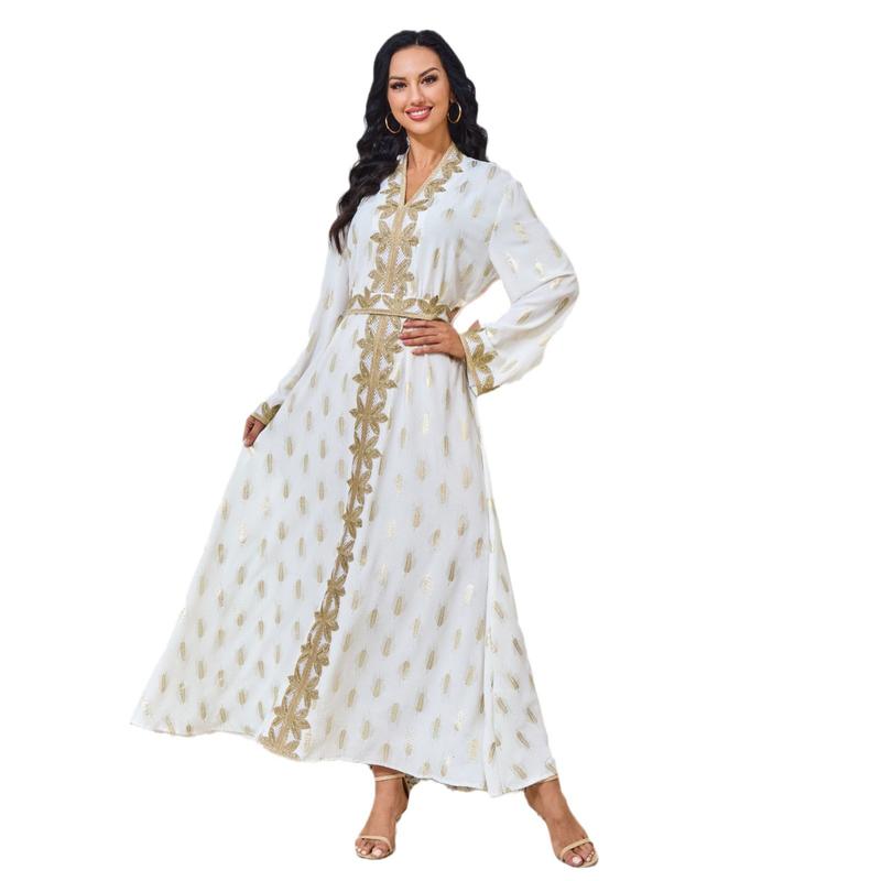 2025 Middle East New Fashion Women's Clothing Muslim Home Robe White Bronze Elegant V-neck Dress Abaya 4