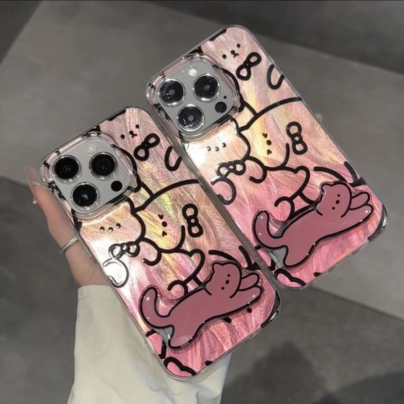 Product Introduction of Pink Line Art Cat Phone Case with Stand - Cute Cartoon Soft TPU Case for Couples, Full-Body Protective Anti-Drop Cover, Metallic Finish, Minimalist Design, iPhone All Models 1