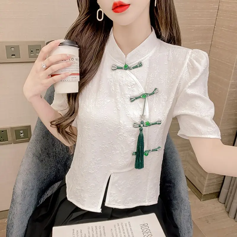 Áo Sơ Mi Phong Cách Trung Quốc Hàng Mới Về, ngắn Tay Nữ, Bộ Sưu Tập Mùa Hè 2023, Thiết Kế Đẹp, Tay Phồng Độc Đáo Áo Có Nút Thắt Nút Trung Quốc Bất Đối Xứng