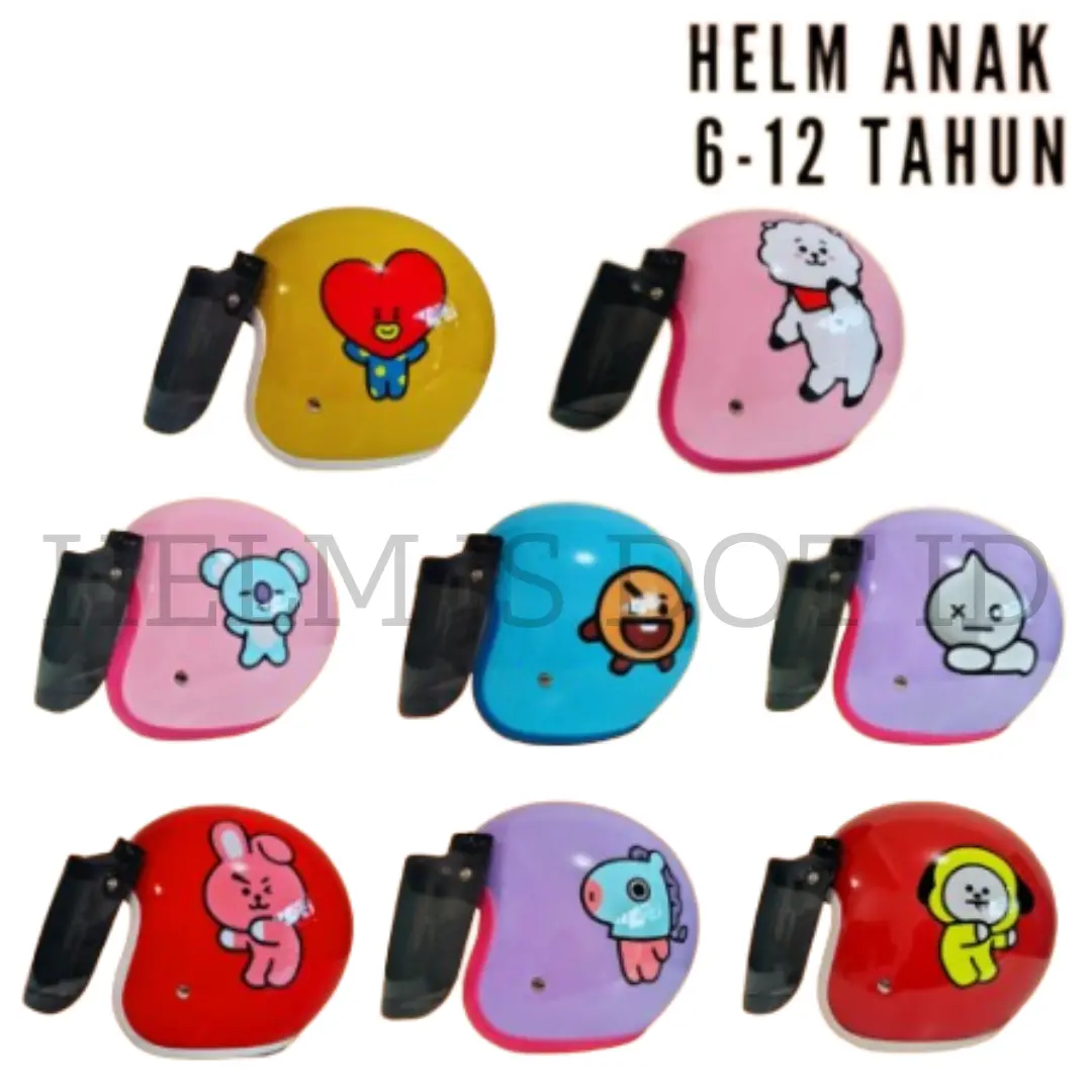 Helm ANAK motif BT21 BTS ARMY K-Pop SNI umur 6-12 Tahun Free Kaca Datar Hitam Motorcycle
