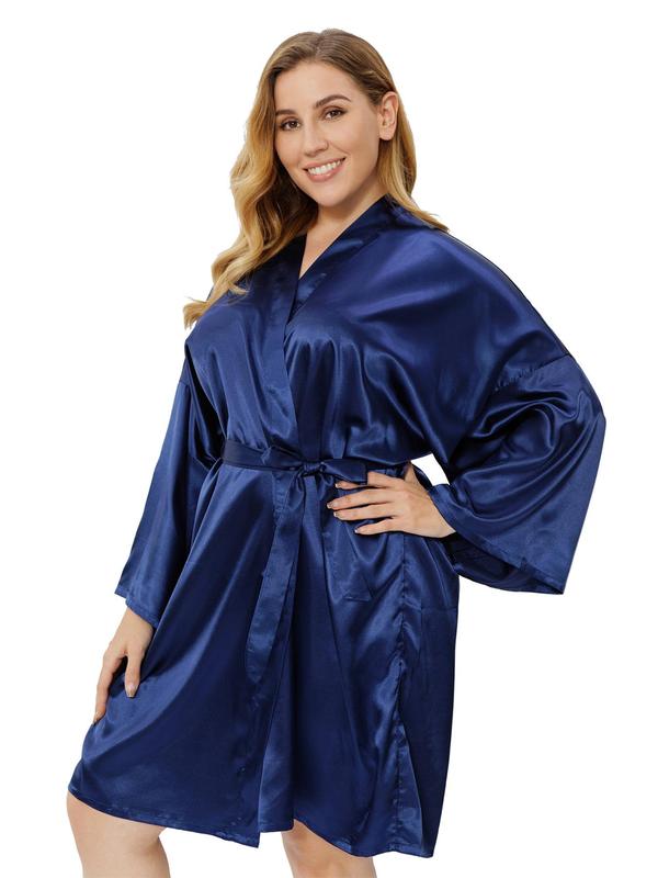 Plus Size Solid Belted Wrap Drop Shoulder Satin Robe, Casual Long Sleeve V Neck Dressing Gown for Daily Home Wear, Women's Sleepwear for All Seasons 9