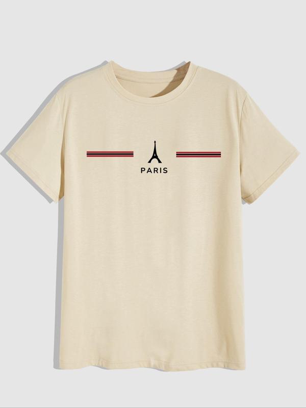 Men's Letter & Striped & Eiffel Tower Print Round Neck Tee, Casual Plus Size Short Sleeve T-shirt for Summer, Men's Plus Clothes for Daily Wear 8