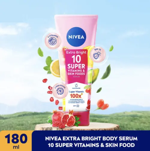 【BPOM】NIVEA Extra Bright Body Serum 10 Super Vitamin & Skin Food + Niacinamide SPF15 180mL 0