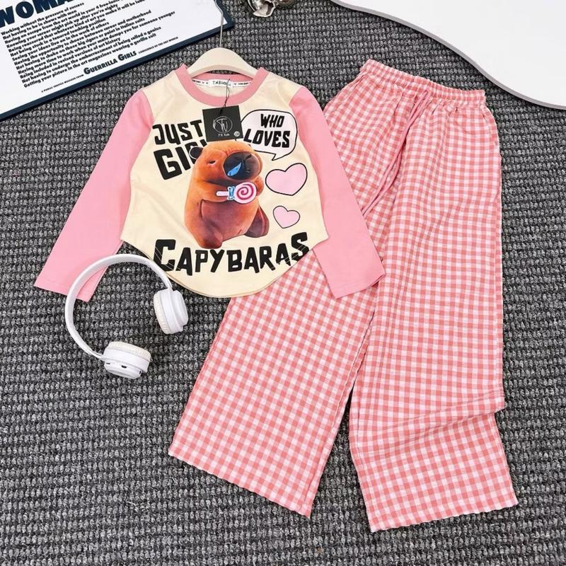 Set  áo dài tay quần xuông kẻ caro in hình capybara đáng yêu  bé gái 9 - 43 kg set Cotton Cho Bé quần áo  cho bé gái đồ  bé bộ  đồ bộ đồ  xinh a o áo  sweater bộ  thun ao  phat đồ  bộ quần  áo setthoitrang chobe set chobe sét  áo