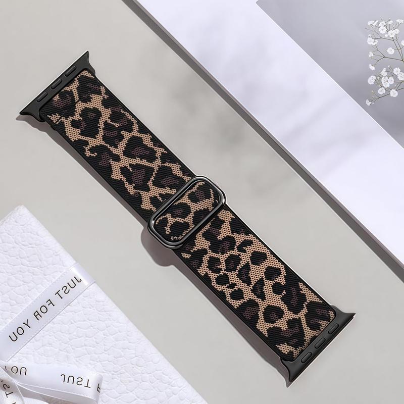 Fashionable Leopard-Print Nylon Elastic Watch Band (Band Only), Stylish Watch Band for Men & Women, Wearable Accessories Compatible with Apple Watch Series 4