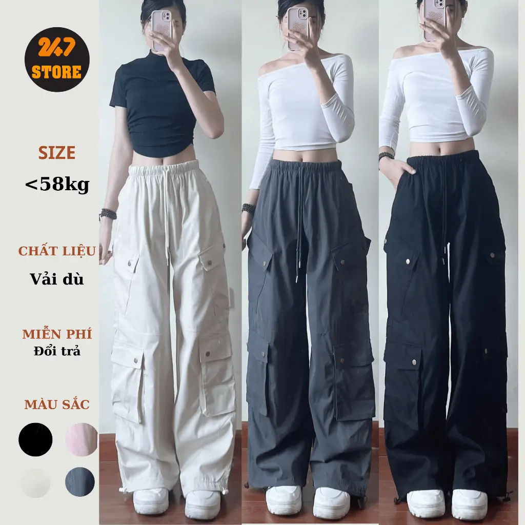 Quần dù túi hộp ống rộng kiểu PARACHUTE 247store dây rút Unisex Nữ Women Voi Pants Voan