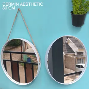Cermin Bulat Aesthetic - Kaca Cermin Frameless Gantung Tali Dinding