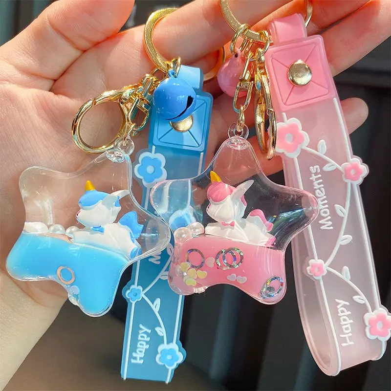 Gantungan Kunci Star unicorn lucu Aksen Pasir Glitter Cair Kunci Mobil Liontin Pasangan Sepasang Gantungan Kunci arctic deer