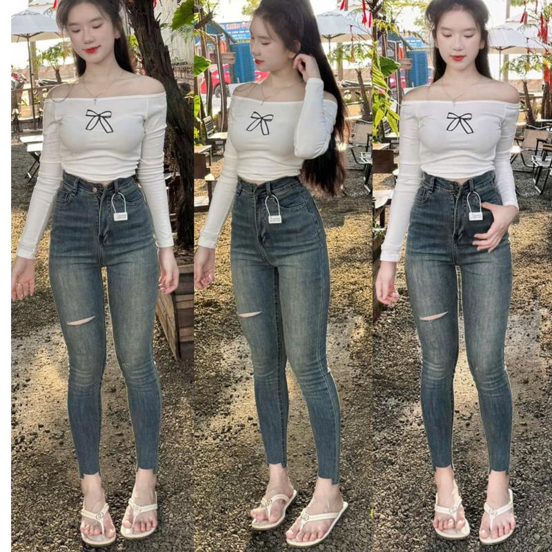 Quần Jean Skinny cắt gấu rách đùi Co Giãn 4 Chiều Nữ Dáng Ôm Màu Xanh Mã 18.6 - Women jean hottend