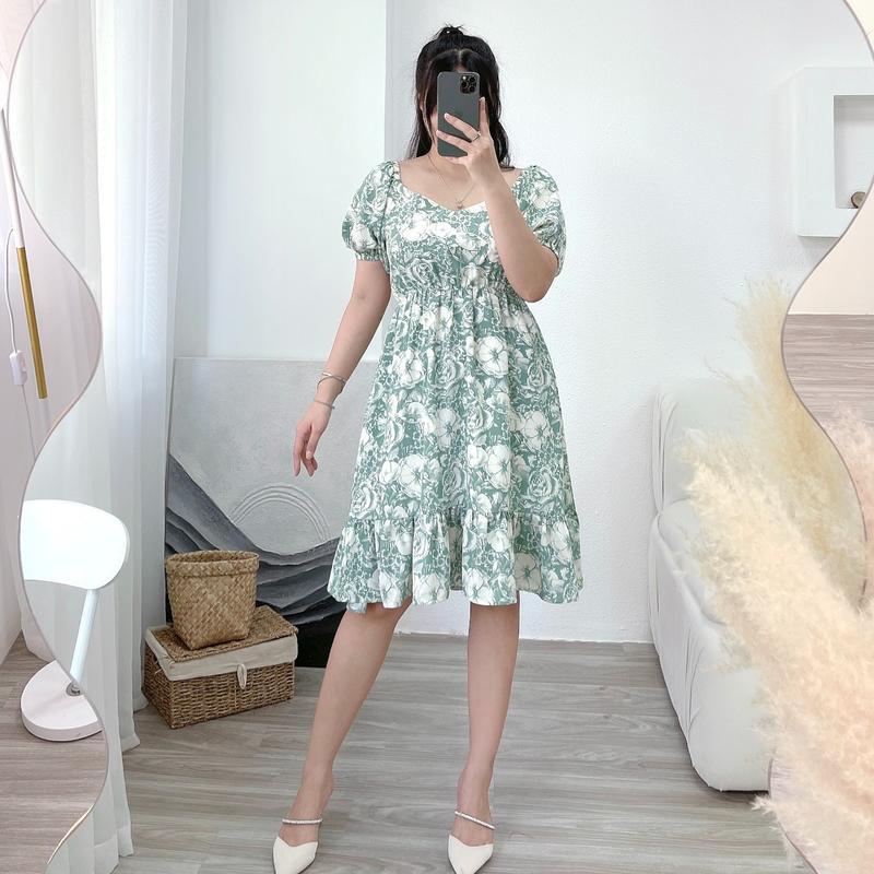 Chubby House Styles-Floral Dress- Đầm big size xòe hoạ tiết hoa cột dây Nữ Women peplum Kem Nhung 8