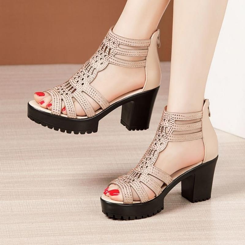 Dép Nữ, Nhẹ, Thoải Mái, Phong Cách Xuyên Biên Giới, Gót Chunky, Chống Trượt, Hở Mũi, Gót Cao Vừa, Kiểu La Mã, Giày Cao Cổ, Bốt Sandal Tăng Chiều Cao, Thích Hợp Cho Mẹ, Hàng Mới Về 2024 0