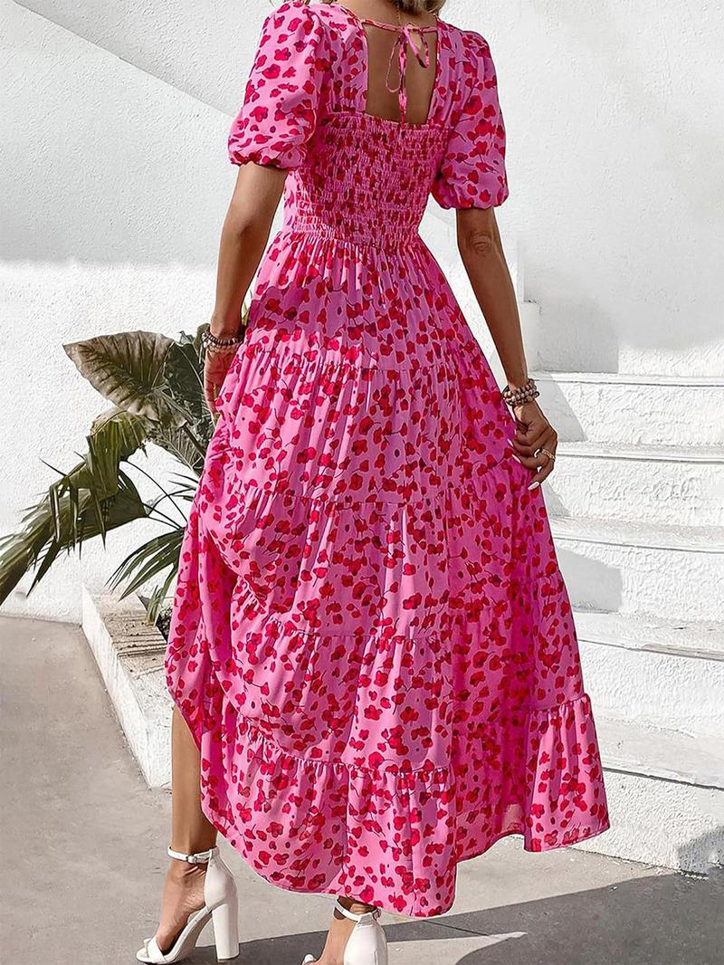 Product Introduction of Women's Ditsy Floral Print Puff Sleeve Shirred Tie Back A Line Dress, Boho Fashion Backless Ruffle Hem Long Dress for Daily Holiday Vacation Wear, Ladies Dress for Spring Fall 2