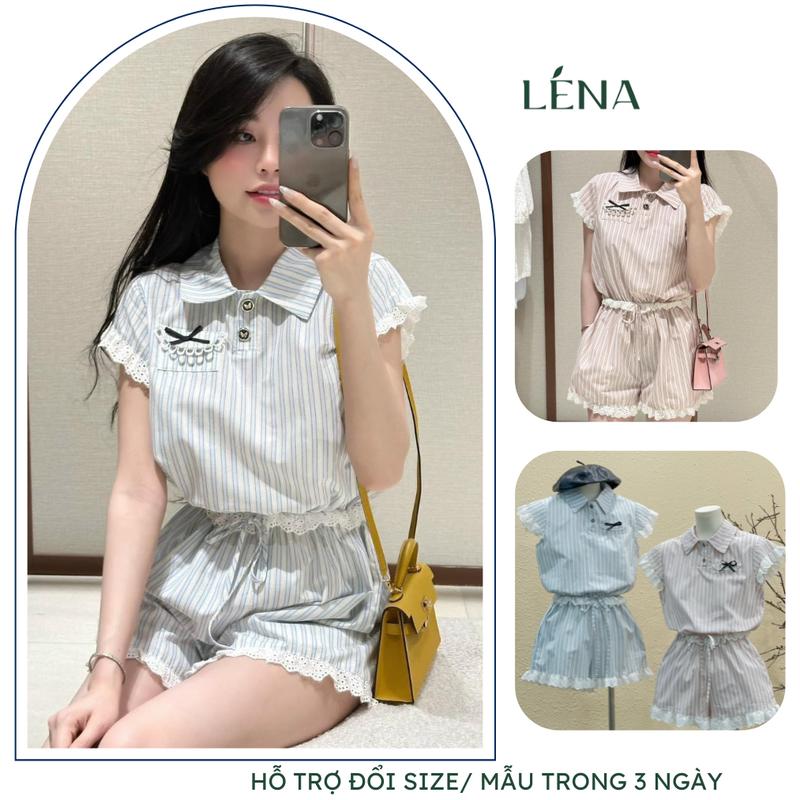 Jum bộ sơ mi cổ trụ kẻ quần đùi  phối viền ren dễ thương. Set nữ họa tiết sọc phối ren LENA 3115 Women Áo Top Kem