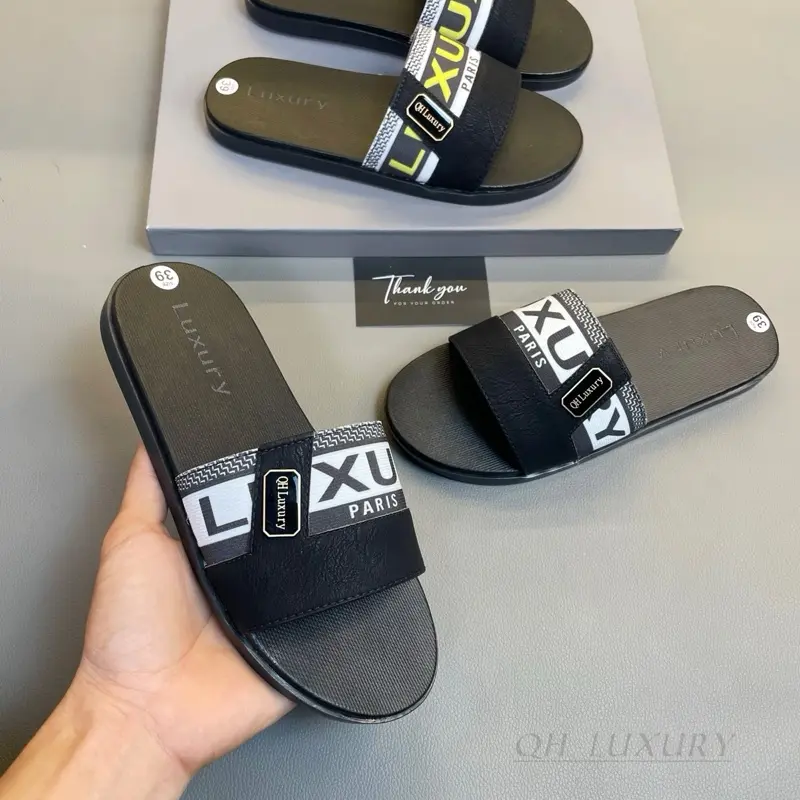 [ khâu đế chắc chắn ] dép nam đẹp Luxury đế cao su êm ái , quai da phối vải canvas đẹp sang trọng rửa nước thoải máiSlipper Cao Su Đế Bằng Nam DéP