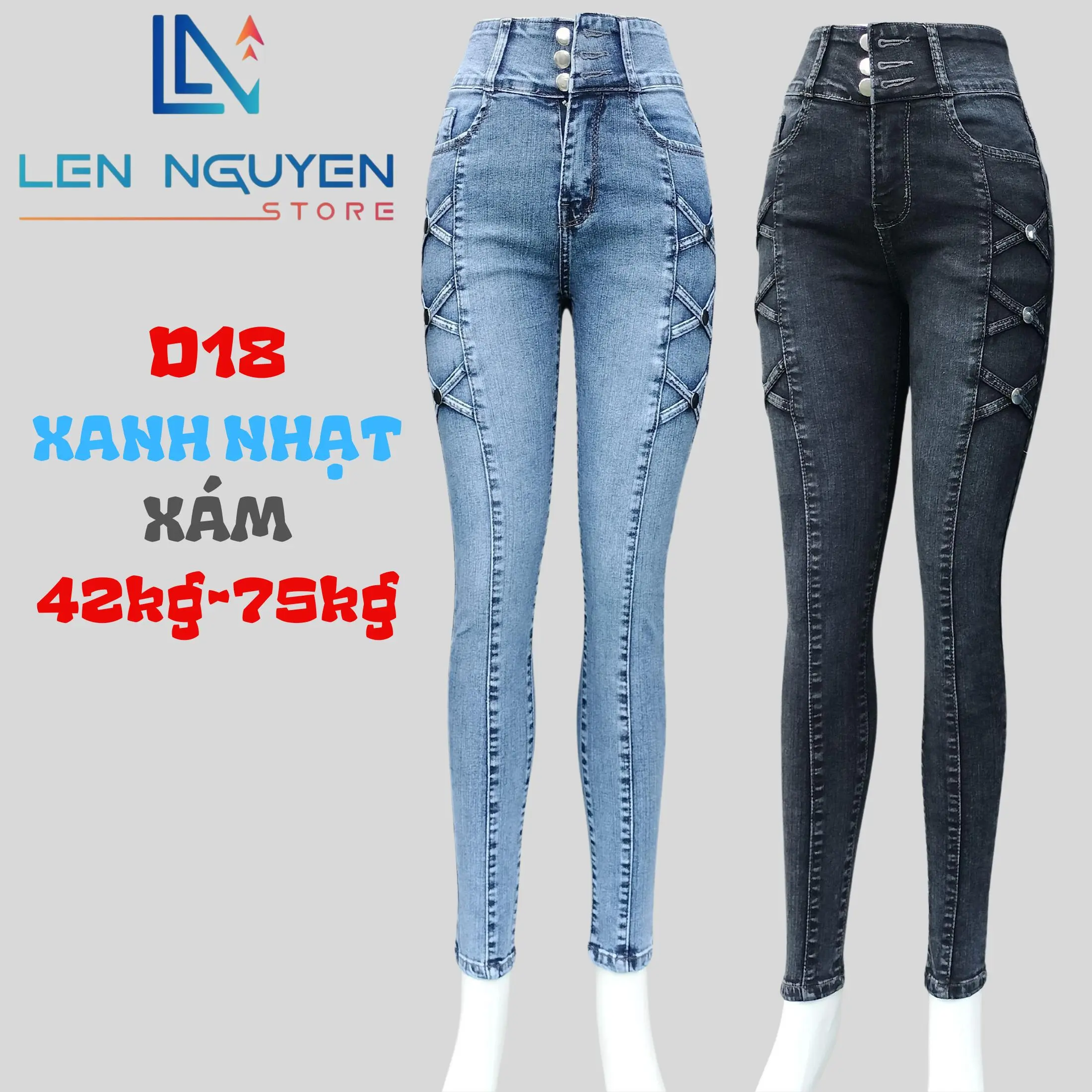 Quần Jean (Bò) Nữ D18, Lưng Cao 3 Nút, Dài 95-97cm, Màu Xám, Xanh, Size 42kg-75kg, Thiết Kế , Co Giãn, Mền Mịn, Bigsize, Hotgirl, Skinny, Ống Ôm, Trẻ Trung, Tự Tin, Dễ Phối Đồ. Women Pants Denim
