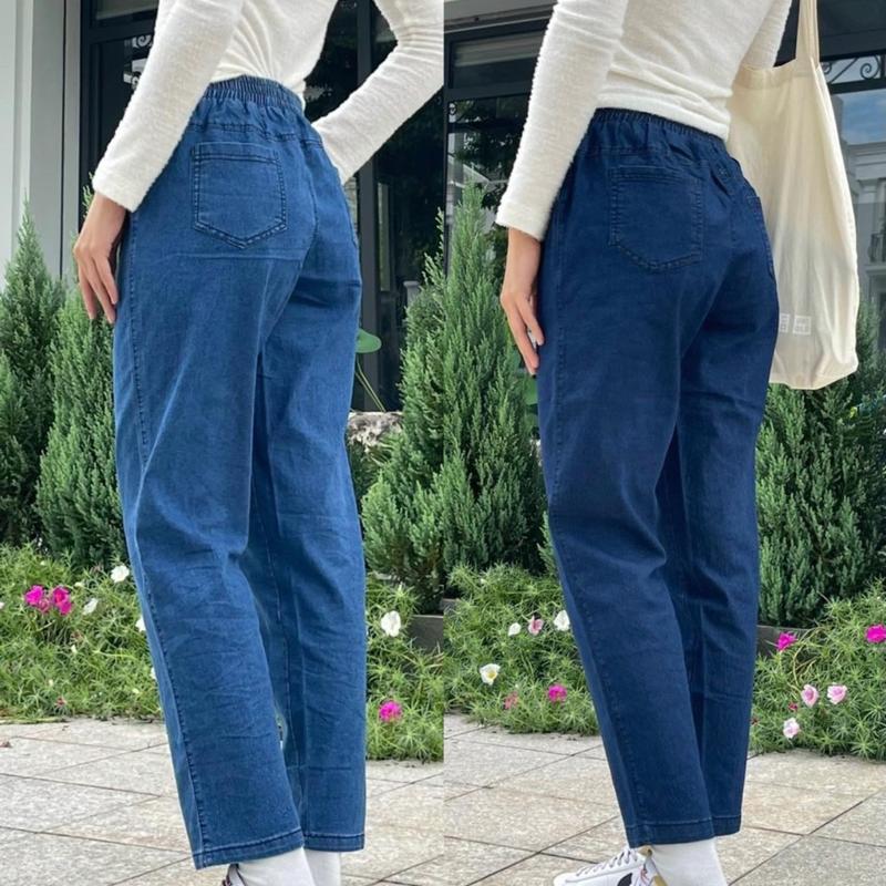 Quần jean giấy baggy nữ mềm mát cạp chun lưng cao 02 có bigsize Tim Pants Pants Khuy Đen Kem Lịch