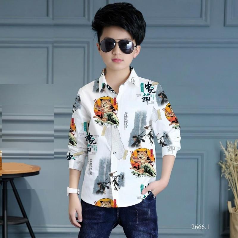 ÁO SƠ MI BÉ TRAI TAY DÀI, NÚT GÀI, IN HỌA TIẾT HỔ CON BẰNG CÔNG NGHỆ 3D SẮC NÉT, KHÔNG PHAI, VẢI LỤA MỀM MỊN (PHÙ HỢP CÂN NẶNG TỪ 20-45KG) Màu trắng
