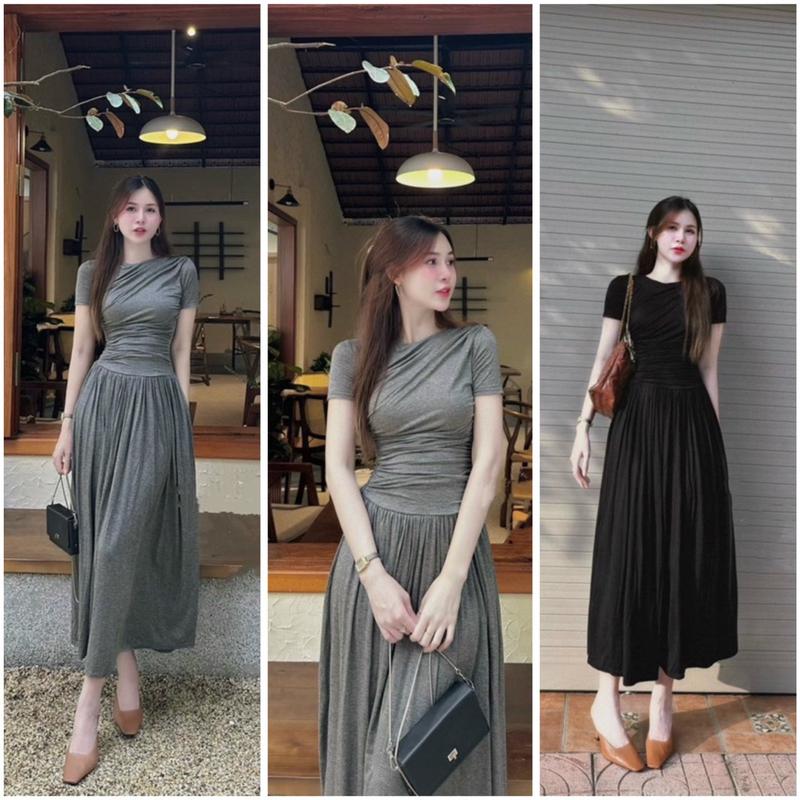 Đầm body cổ tròn nhún thân dáng xoè dễ thương có dây kéo - thun gân lạnh LD0800   Dress Women Đen