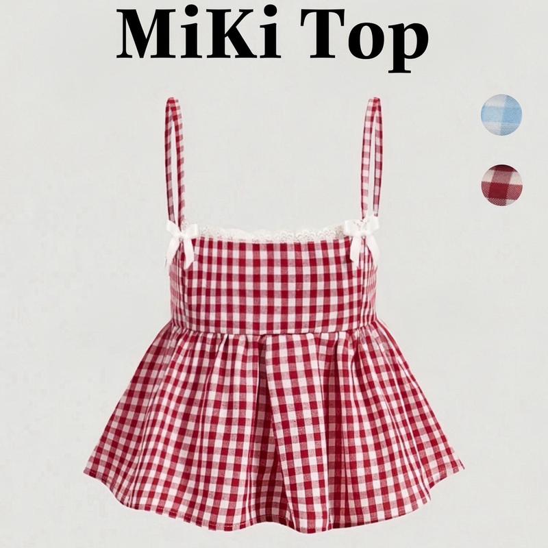  Áo hai dây MiKi Top thêu nơ hoạ tiết caro phong cách trẻ trung Nữ - Chất liệu caro fod không mút ngực - Women Nhung 