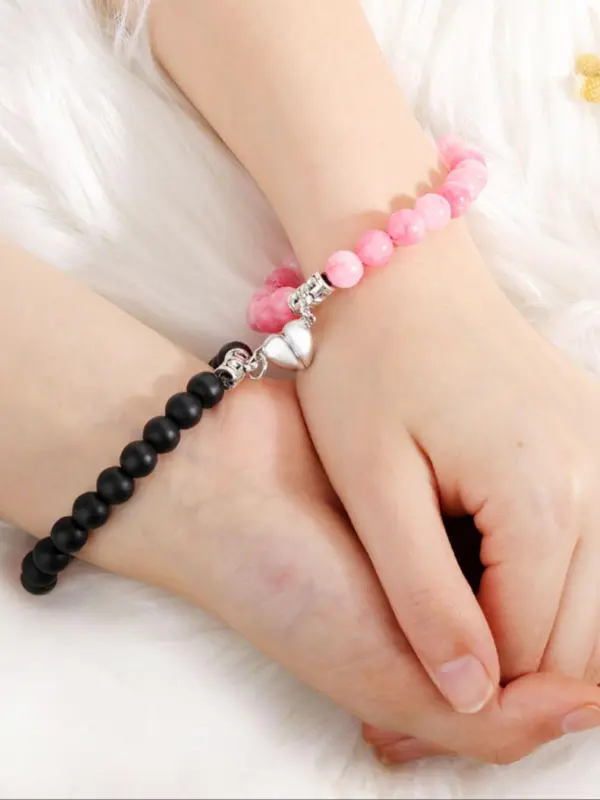 Couple Magnetic Heart Charm Beaded Bracelet, Fashionable Jewelry for Women & Men, Trendy All-match & Exquisite Jewelry for Birthday Gift, Valentine's Day, Gift 3