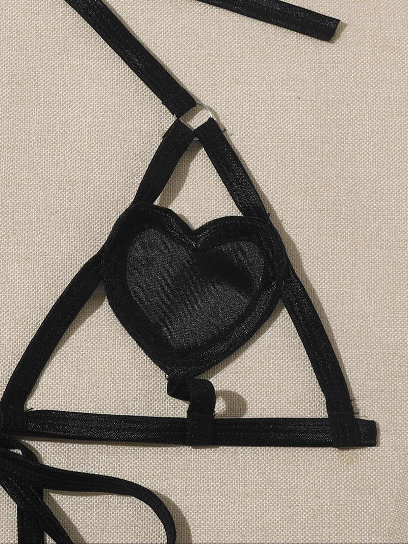 Product Introduction of Women's Heart Design Cut Out Ring Linked Sexy Lingerie Set, Chic Sexy Halter Neck Tie Back Bra & Tie Side Thong Set, Ladies Underwear Set for Indoor Wear 14