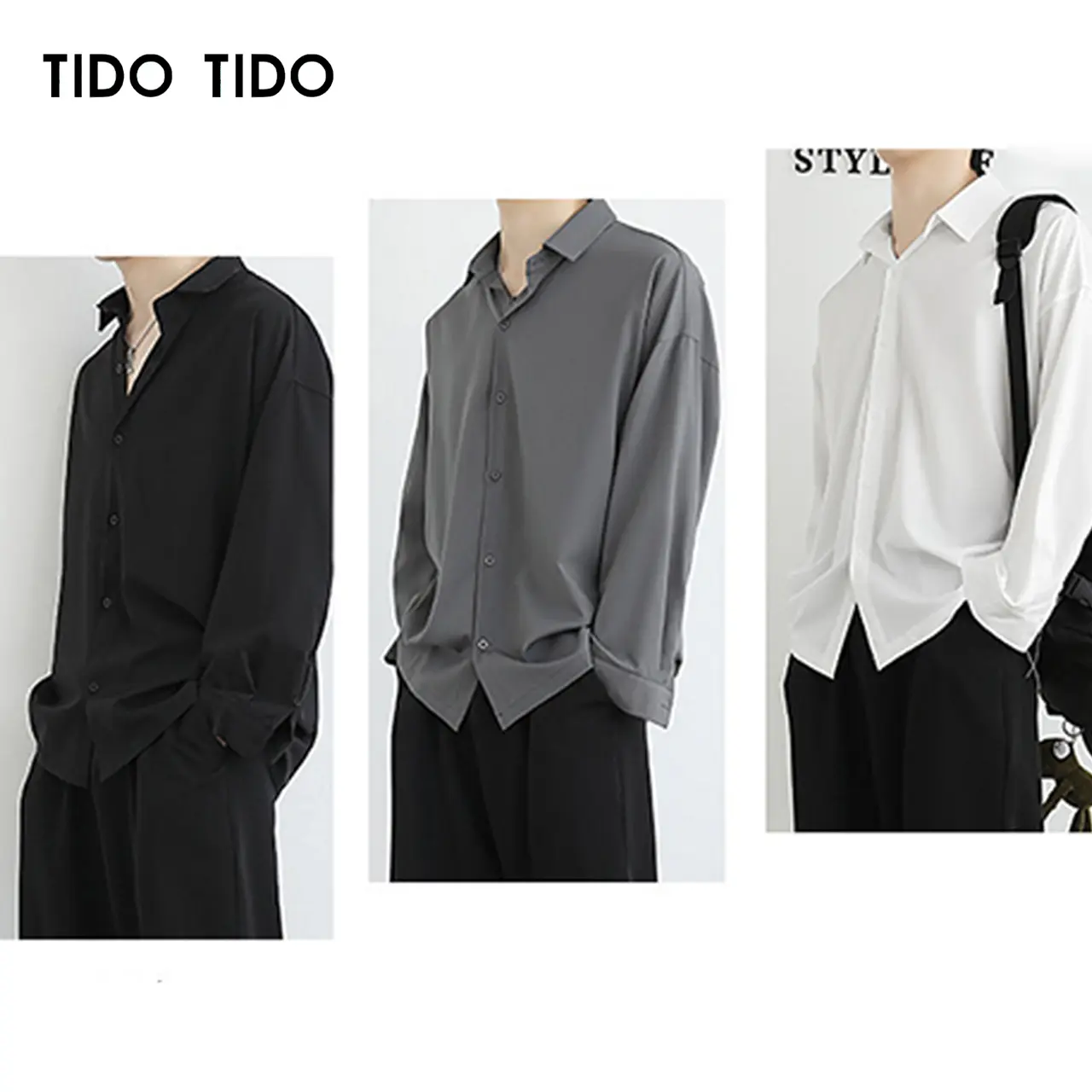 Korean Style Loose All-Match Draping Black Comfort Ice Silk Plain Tops Spring and Autumn New Men's Casual Base Long Sleeve Men's Clothing High-End Fashion Trend White Shirt Menswear