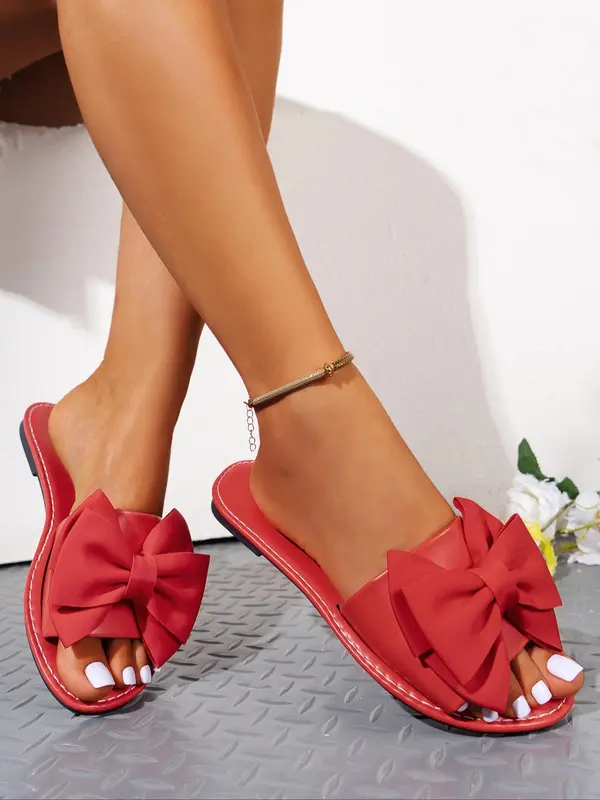 Women's Bow Decor Slip on Flat Sandals, Leather Sandals, Casual Outdoor Beach Sandals, Elegant Sandal, Ladies Sandals,  New Trendy Sandals for Summer, Gifts for Wife, Footwear, Sandals for Women 5