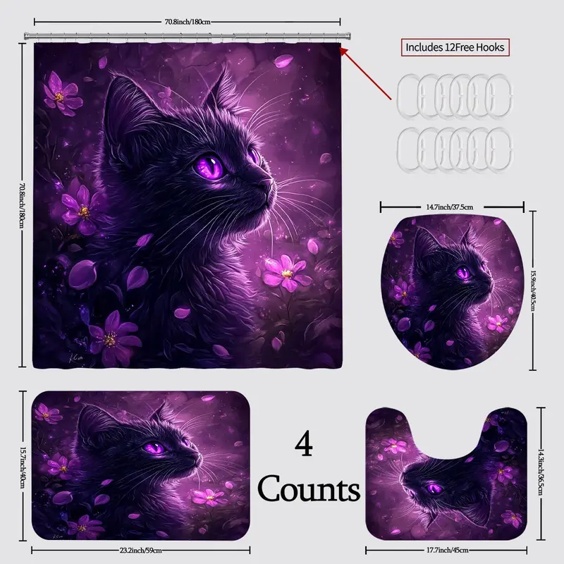 Cat Pattern Bathroom Decor Set, 1 Shower Curtain & 1 Toilet Lid Cover & 1 Rectangular Mat & 1 U-shaped Mat, Bathroom Accessories 1