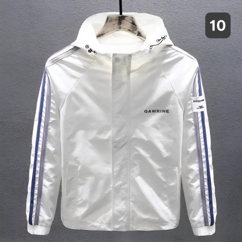 Áo khoác dù nam 10 áo gió nam màu trắng kẻ sọc chất liệu vải dù 2 lớp phong cách thời trang Menswear Jacket có nón