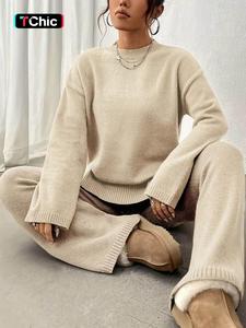 Women's Solid Drop Shoulder Sweater & Straight Leg Pants Two-piece Set, Casual Fashion Cozy Knitwear Set for Daily Outdoor Wear, Women Knitwear for Fall & Winter, Cotton Lounge Set