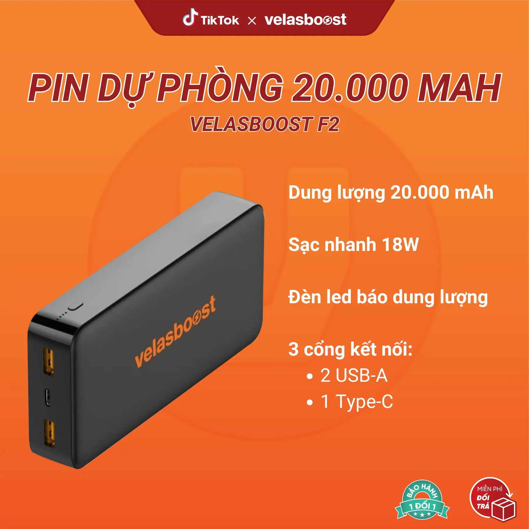 Pin dự phòng 20.000mAh velasboost F2, Sạc nhanh PD 18W, Đèn báo dung lượng pin, Bảo hành lỗi 1 đổi 1