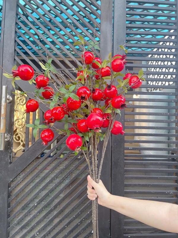 Cành lựu đỏ 7 quả chơi tết thân mốc cành to decor nhà trang trí tết 4
