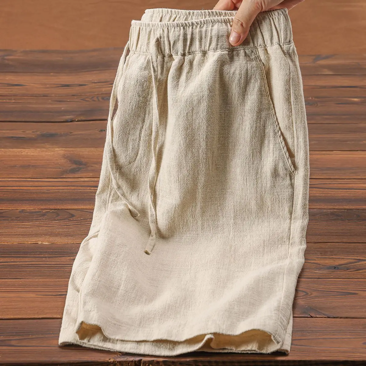 Summer Lightweight Breathable Ramie Shorts Solid Color Simple Elastic Drawstring Linen Cotton Beach Casual Loose Five-Point Shorts for Men