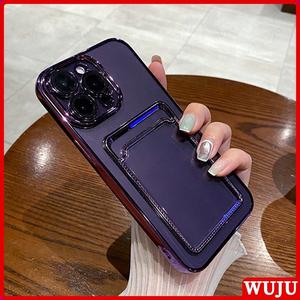 WUJU Plating Transparent Card Holder Wallet Phone Case Compatible For iPhone 11 12 13 14 15 16 Pro Max Soft Silicone Plating Clear Case Back Cover
