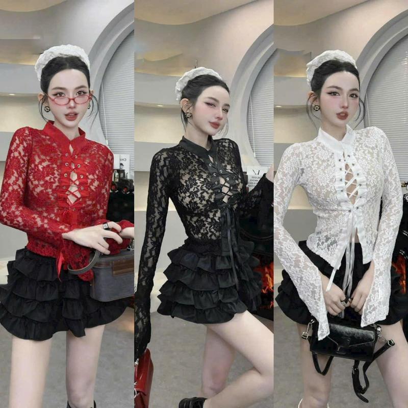 Sét Áo Ren 2 Lớp Tay Dài Phối Chân Váy Lụa Xếp Tầng Có Quần Trong Nữ Tính Dịu Dàng Thanh Lịch Sang Trọng Dễ Thương  - Free Size - Women, Top Màu ĐEN- ĐỎ 1