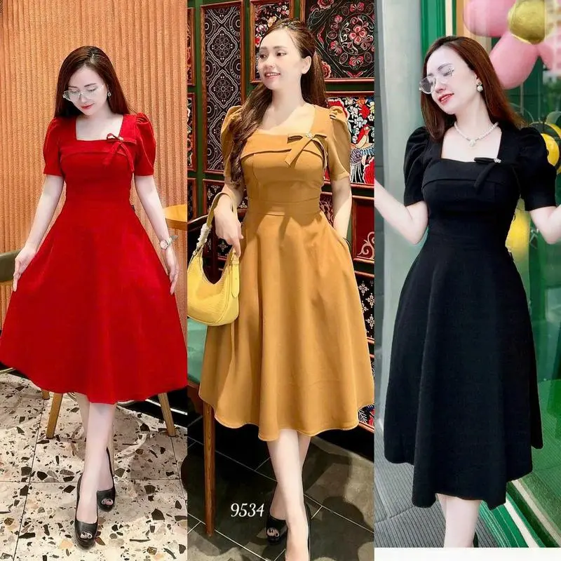 Đầm váy cổ vuông sang chảnh thời thượng cho nữ Thường Ngày công sở kèm khóa á size S,M,L,XL,XXL Kem Women Dress Vàng