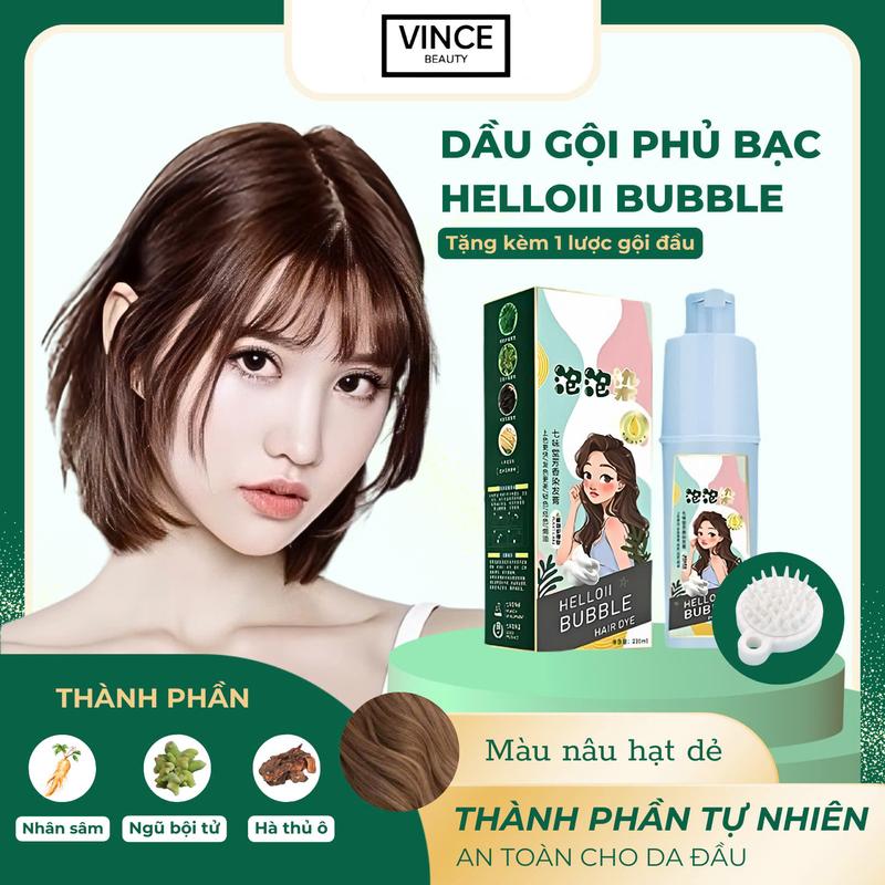 NHUỘM NÂU HẠT DẺ - Dầu Gội Nhuộm Tóc Phủ Bạc HELLO BUBBLE 230ml Chiết Xuất Thảo Dược Thiên Nhiên, Nhuộm Tóc Đơn Giản Tại Nhà Lên Tóc Chuẩn Màu Salon